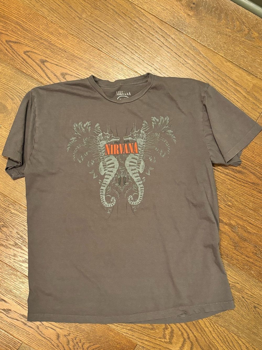 NIRVANA Grey Tee with Orange Logo and Seahorses